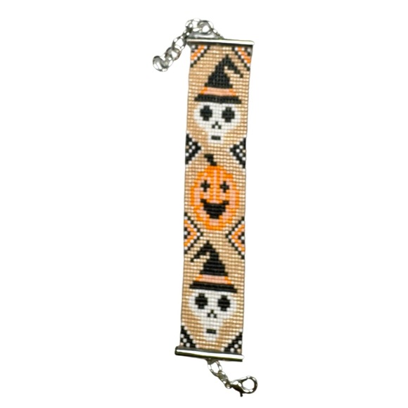 Hand Crafted Jewelry - Handwoven beaded cuff panel bracelet adjustable Halloween style pumpkin ghost